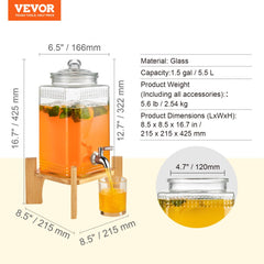 Glass beverage dispenser with stainless steel spigot and wooden stand, 1.5-gallon capacity.