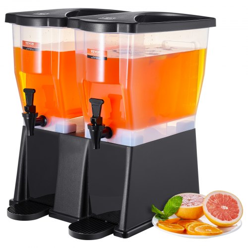 Bostome 6 gallon double beverage dispenser with spigot and stand, featuring two 3-gallon buckets.
