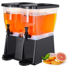 Bostome 6 gallon double beverage dispenser with spigot and stand, featuring two 3-gallon buckets.