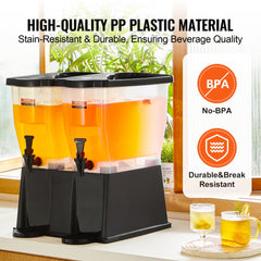 A 6-gallon double beverage dispenser with spigots, stand, and clear measurement markings.