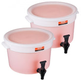 Two 3-gallon plastic beverage dispensers with spigots and side handles for easy transport.