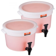 Two 3-gallon plastic beverage dispensers with spigots and side handles for easy transport.