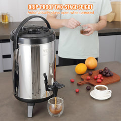 Insulated 2-gallon beverage dispenser with stainless steel and ergonomic handle for easy pouring.