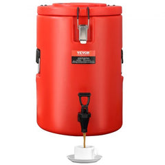 Red Bostome 4.5-gallon stainless steel insulated beverage dispenser with spigot and cup.