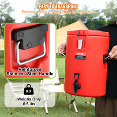 Red 4.5-gallon stainless steel insulated beverage dispenser with handle and spigot.