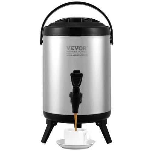Stainless steel insulated beverage dispenser with 1.5-gallon capacity and ergonomic handle.