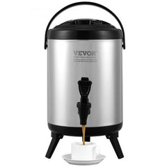 Stainless steel insulated beverage dispenser with 1.5-gallon capacity and ergonomic handle.