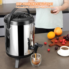 Stainless steel insulated beverage dispenser with 1.5-gallon capacity for hot and cold drinks.