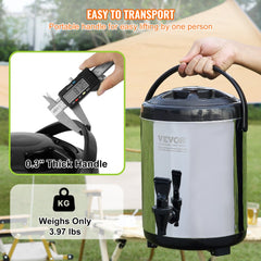 Stainless steel insulated beverage dispenser with a 1.5-gallon capacity and ergonomic handle.