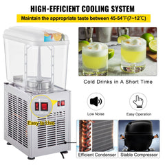 Cold beverage dispenser with 4.8-gallon tank and stainless steel evaporator for efficient cooling.