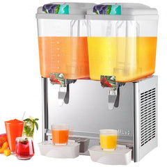 Silver stainless steel beverage dispenser with two 4.8-gallon clear tanks holding orange and yellow drinks, plus glasses below.