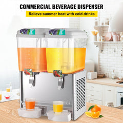 Stainless steel beverage dispenser with two 4.8-gallon tanks of orange and yellow drinks.