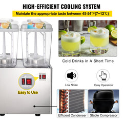 Stainless steel 2-tank beverage dispenser with 9.5-gallon capacity and cooling system.