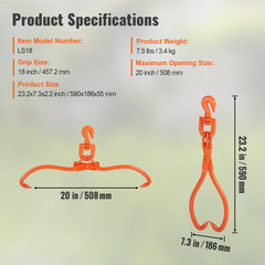 Heavy-duty steel log skidding tongs with a 20" opening and 772 lbs capacity.