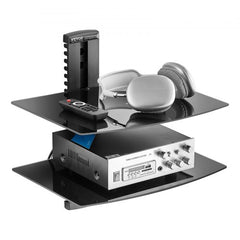 Black 2-tier wall mounted media stand with adjustable glass shelves and cable management.