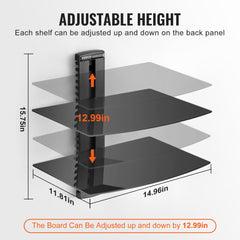 Black 2-tier wall mounted media stand with adjustable glass shelves and cable management.