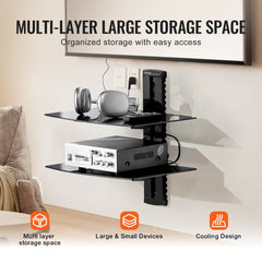 Black 2-tier wall mounted media stand with adjustable glass shelves and cable management.