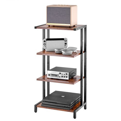 Vintage brown 4-tier height-adjustable wooden AV media stand with black metal frame.