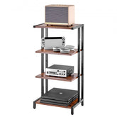 Vintage brown 4-tier height-adjustable wooden AV media stand with black metal frame.