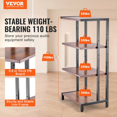 4-tier height-adjustable wooden AV media stand in vintage brown with iron frame.