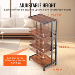 Vintage brown 4-tier wooden AV media stand with adjustable height shelves and metal frame.