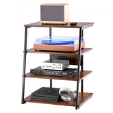 4-tier brown AV media stand with LED lights, power strip, and shelves holding audio gear.
