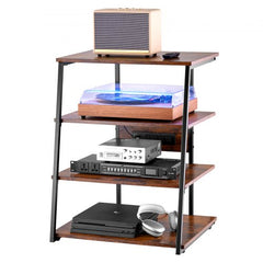 4-tier brown AV media stand with LED lights, power strip, and shelves holding audio gear.