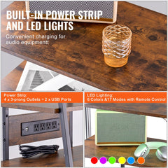 Brown 4-tier AV media stand with built-in power strip, USB ports, and multi-color LED lights.