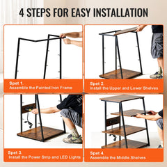 4-step installation diagram for a brown 4-tier AV media stand with LED lights and power strip.