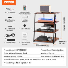 4-tier brown AV media stand with LED lights, power strip, and adjustable shelves.