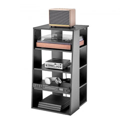 Black Oak Wood Grain 5-tier AV media stand with adjustable shelves and sturdy iron frame.