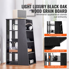 Black Oak Wood Grain 5-tier AV media stand with adjustable shelves and sturdy iron frame.