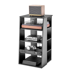 Bostome 5-Tier AV Media Stand in Black Oak Wood Grain with adjustable shelves and open design.
