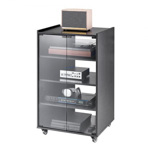 Bostome 5-Tier AV Media Stand in black oak wood with adjustable shelves and glass doors.