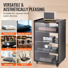 Black oak wood media stand with five tiers and adjustable shelves for organized storage.