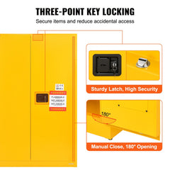 Yellow steel flammable safety cabinet with two adjustable shelves and three-point locking system.
