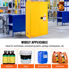 Yellow steel flammable safety cabinet with two adjustable shelves and 180-degree opening doors.