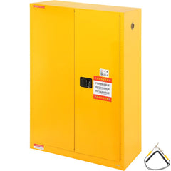 Yellow steel flammable safety cabinet with two shelves and a three-point locking system.