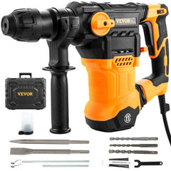 Bostome 1500W rotary hammer drill with SDS-Plus chuck, 4 modes, orange and black design, and accessory kit.