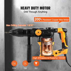 Bostome 1600W SDS-MAX rotary hammer drill with adjustable handle and three operation modes.