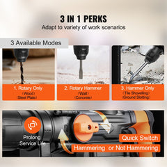 Bostome 1600W SDS-MAX rotary hammer drill with adjustable handle and three operation modes.