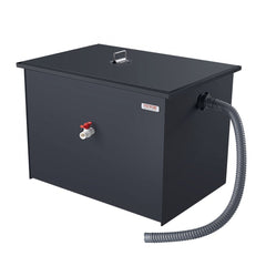 Bostome 50LB grease interceptor trap made of carbon steel with threaded outlet and rubber-sealed lid.