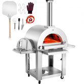 Silver 22-inch portable pellet gas pizza oven on casters with pizza peel, gloves, and tools.