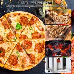 22-inch portable pellet gas pizza oven with casters, showing wood pellets, chips, charcoal, and a cooked pizza.
