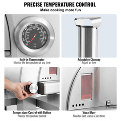 22-inch portable pellet gas pizza oven with built-in thermometer, adjustable chimney, temperature control knob, and visual door.
