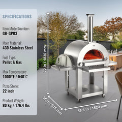 22-inch portable pellet gas pizza oven with casters, shown outdoors with dimensions.