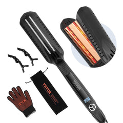 Bostome 1.5-inch titanium hair straightener with dual infrared, shown open with red-heating plates, clips, pouch, and gloves.