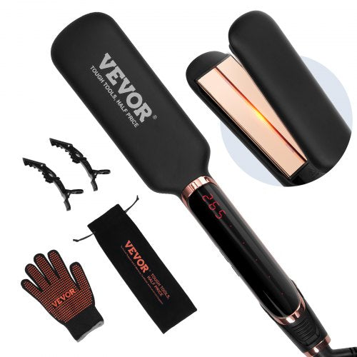 Black titanium 2-inch hair straightener with infrared and negative ions technology, shown with heat-resistant gloves and pouch.