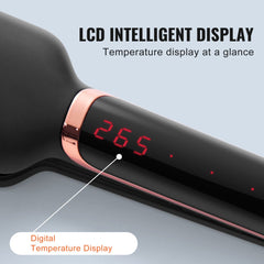 Black titanium hair straightener with rose gold accents and red LCD displaying 265°F temperature.