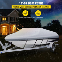 Heavy duty 210D marine grade cover for 14-16ft V-Hull boats in gray with reinforced straps.